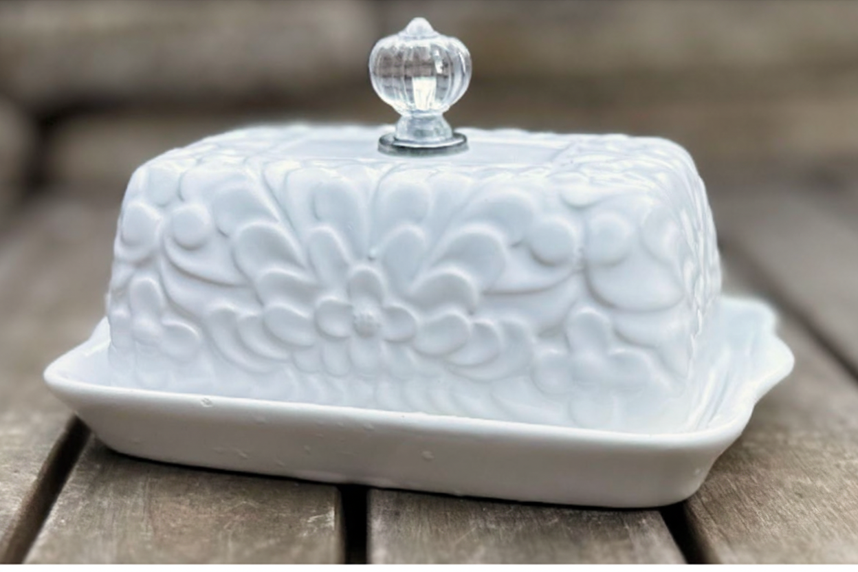 White Floral Butter Dish with Crystal Knob