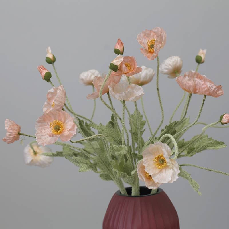 22'' Single Flocked Floral Poppy Spay, Colorful Silk Poppies: Coral