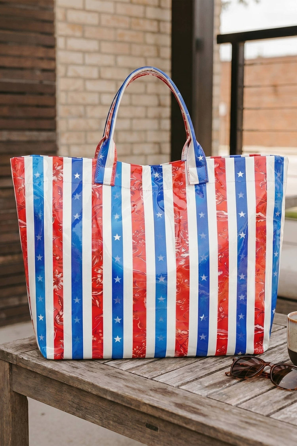 66 Patriotic Stars and Stripes Pattern Vinyl Glossy Tote Bag: Pink / One Size