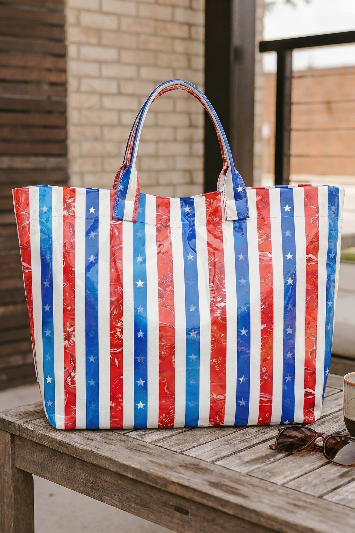 66 Patriotic Stars and Stripes Pattern Vinyl Glossy Tote Bag: Pink / One Size