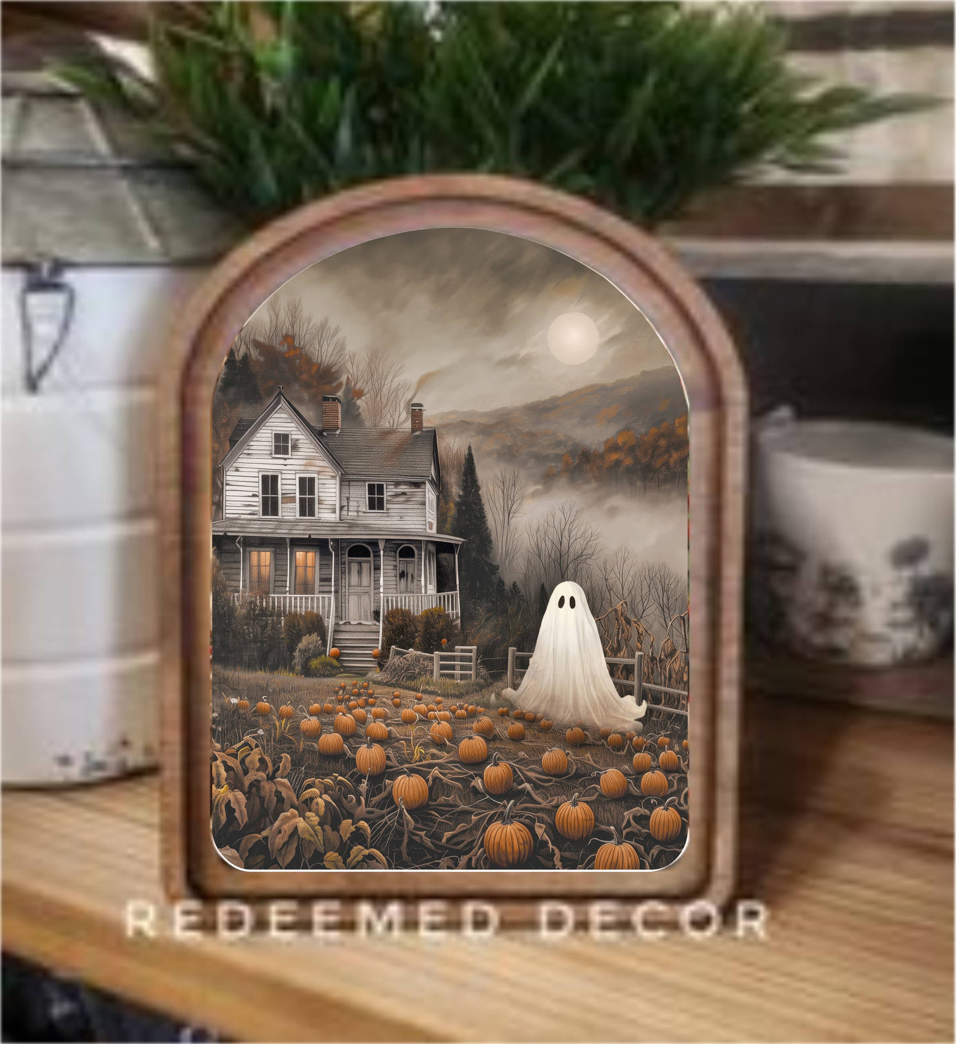 Arch Top Moody Ghost House Framed Art   : 8.25x11"