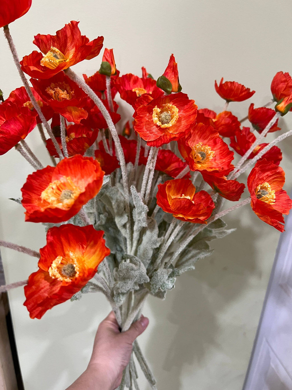 22'' Single Flocked Floral Poppy Spay, Colorful Silk Poppies: White