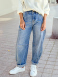 Multi Seam Detail Barrel Pleated Pocket Button Shift Jeans: Sky Blue / 6
