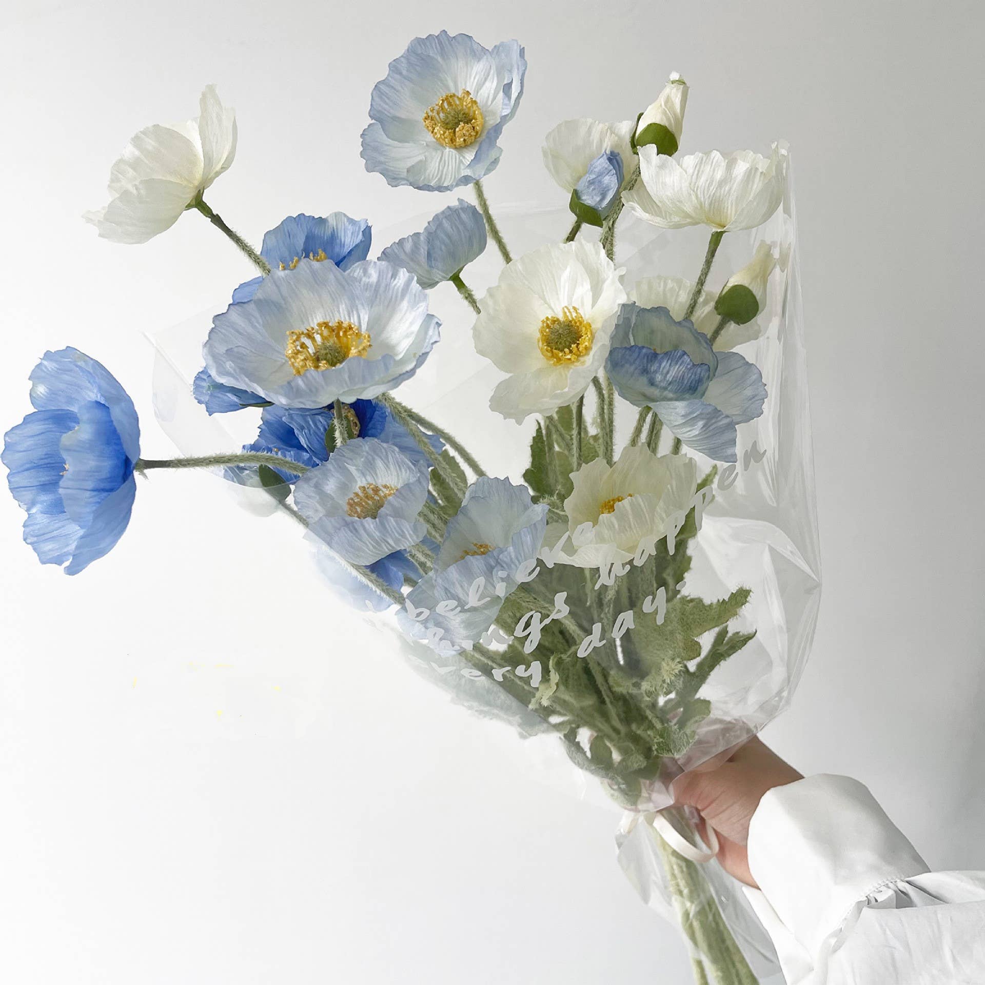 22'' Single Flocked Floral Poppy Spay, Colorful Silk Poppies: White