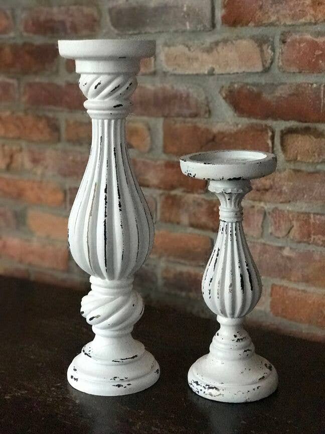 White Wash Wooden Candlesticks – 2 Piece Set