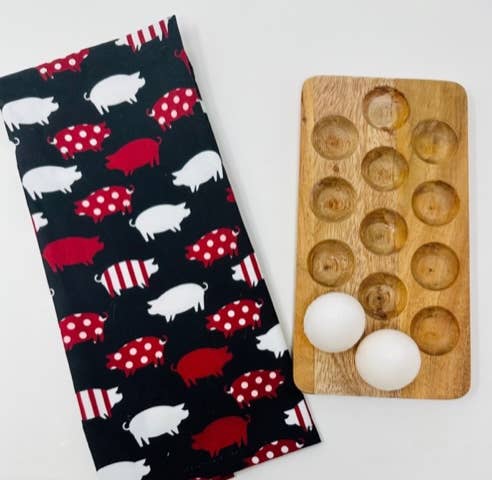 Wooden Egg Holder with Pig Kitchen Towel Set