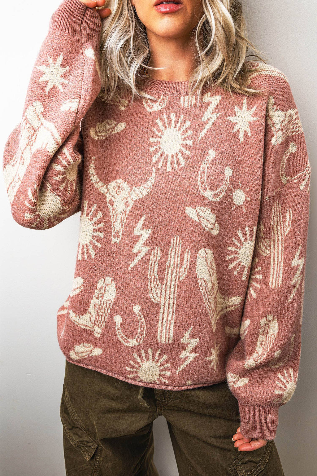 66 Blossom Western Print Drop Shoulder Sweater (S-XL): Pink / M