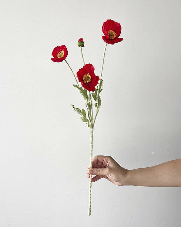 22'' Single Flocked Floral Poppy Spay, Colorful Silk Poppies: White