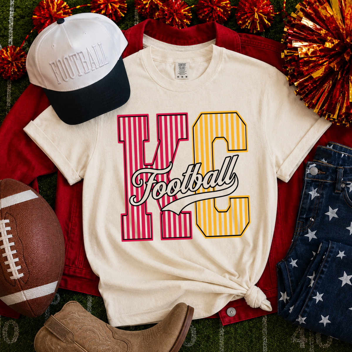 Red/Gold KC Football Script Ivory Tee: Large