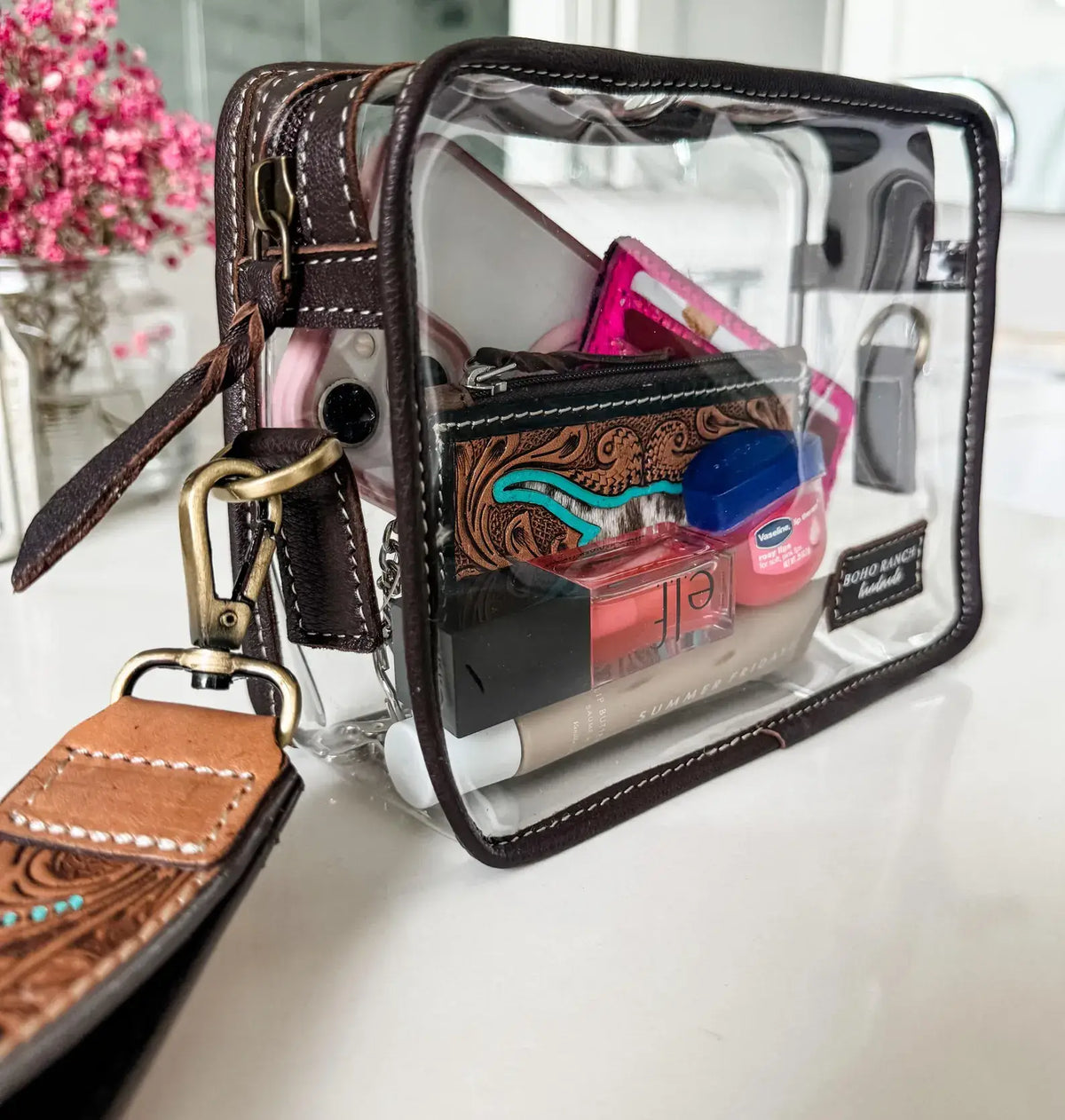 DARLA CLEAR WRISTLET | transparent western purse - game day : BROWN