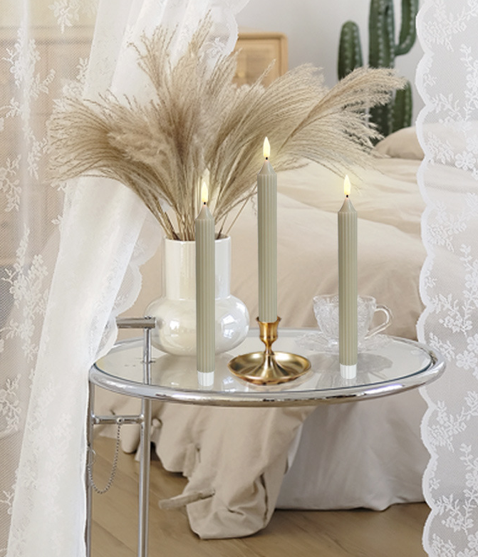 9.4 Inch Real Wax Flameless Striped Taper LED Candlesticks: Mauve Pink