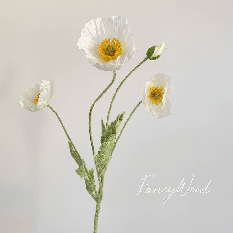 22'' Single Flocked Floral Poppy Spay, Colorful Silk Poppies: White