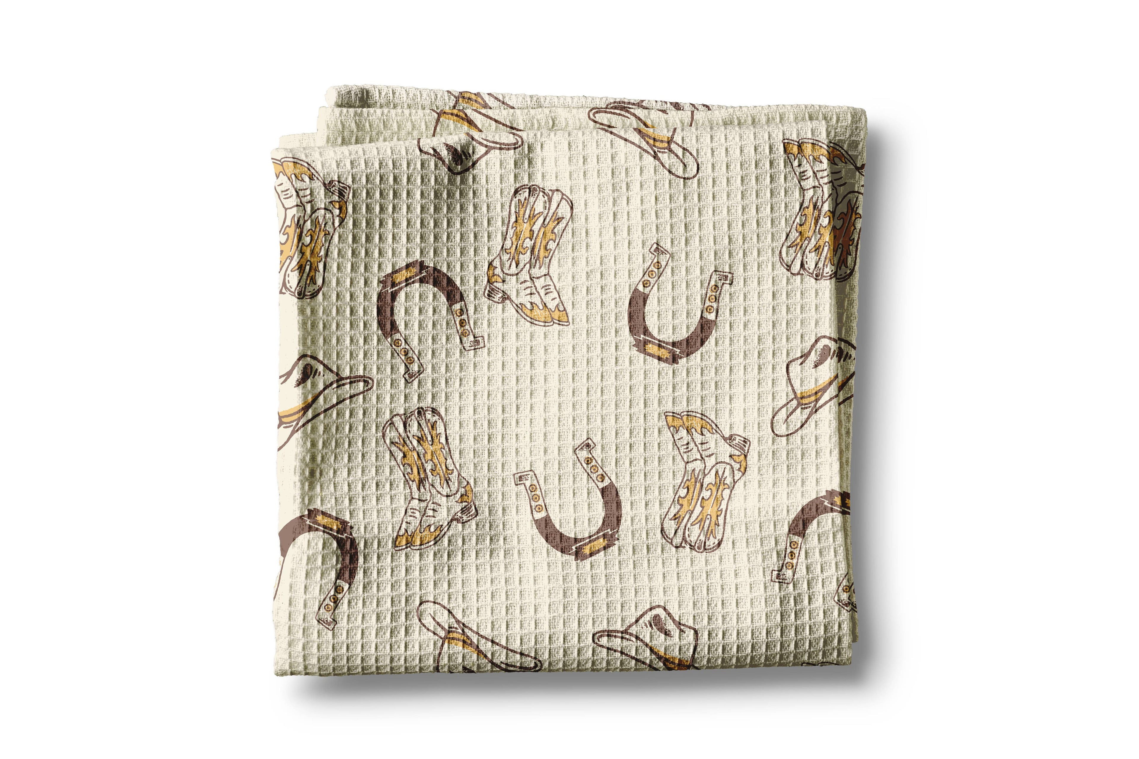 Retro Western Horse Boots Cowboy Hat Kitchen Towel Waffle