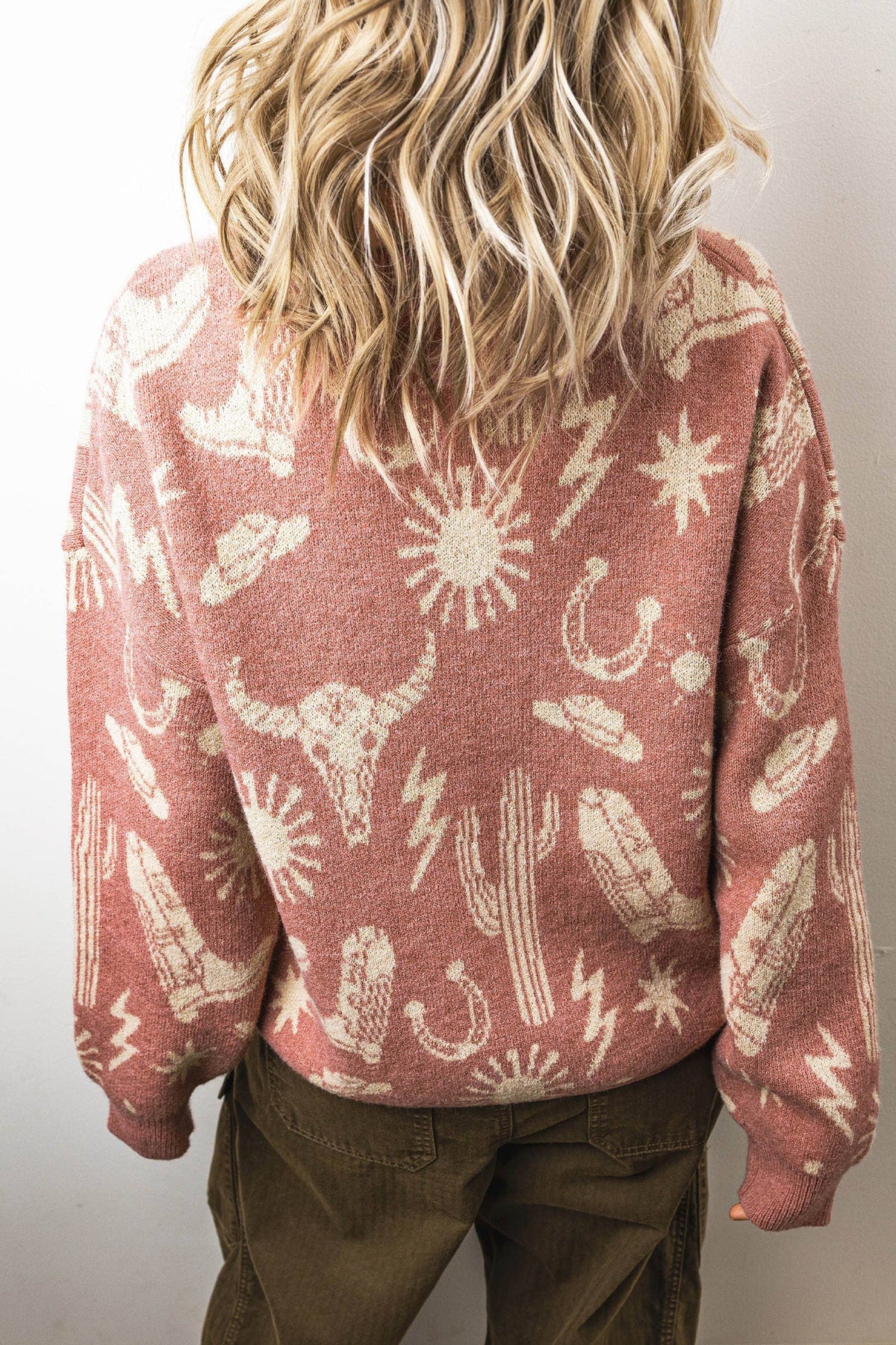 66 Blossom Western Print Drop Shoulder Sweater (S-XL): Pink / S