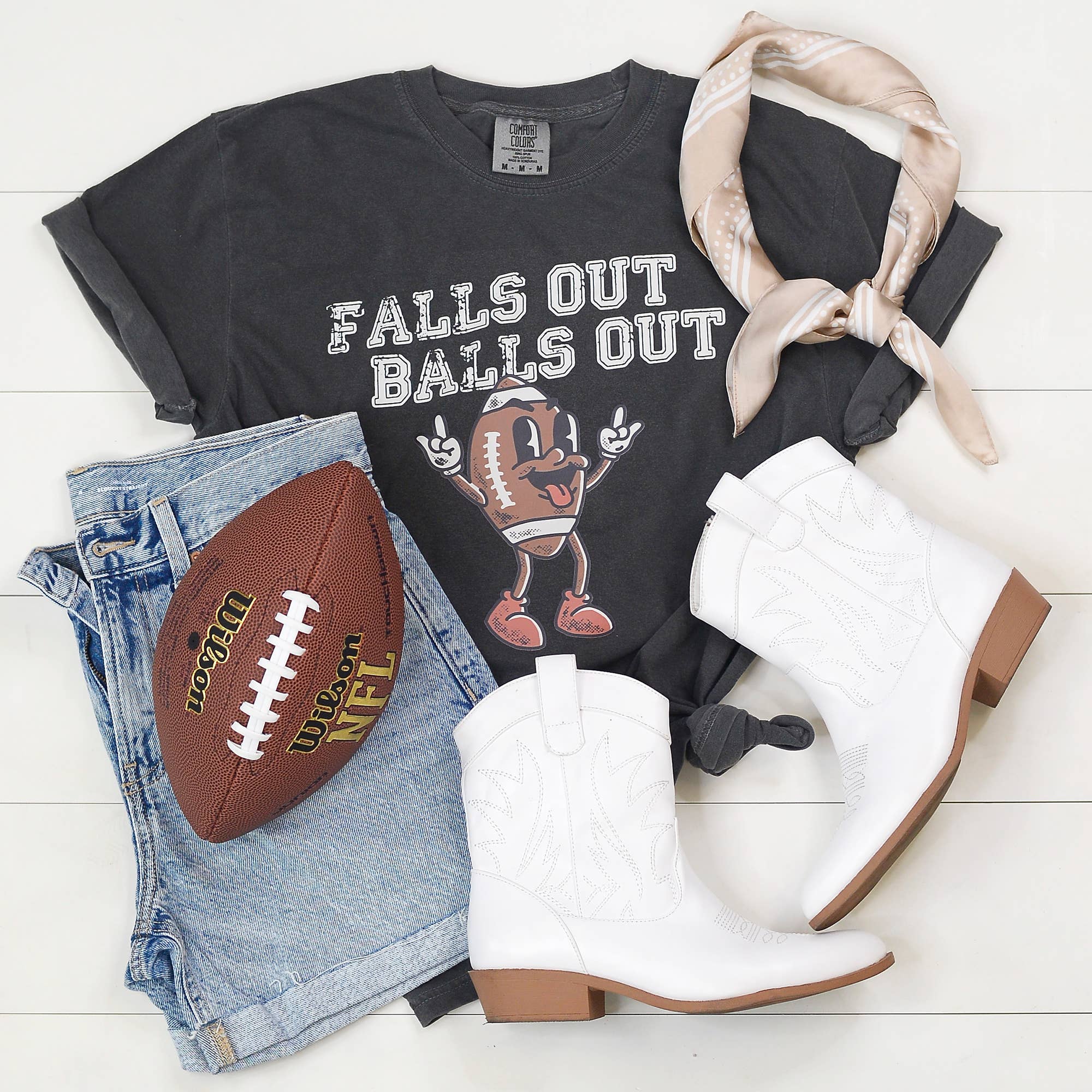 Falls Out Balls Out Funny Graphic Tee, Game Day, Football: Medium