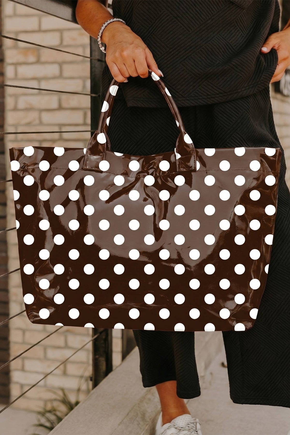 66 Patriotic Stars and Stripes Pattern Vinyl Glossy Tote Bag: Pink / One Size