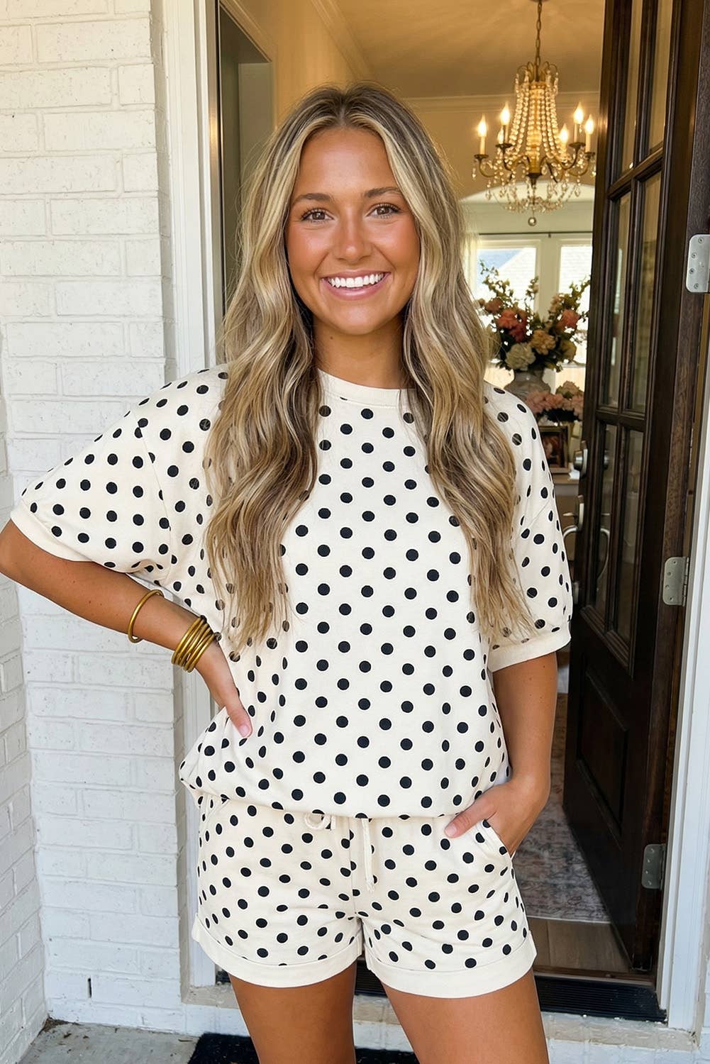 LAS Polka Dot Print Top Drawstring Shorts Set (S-XL): Sky Blue / Missy / XL