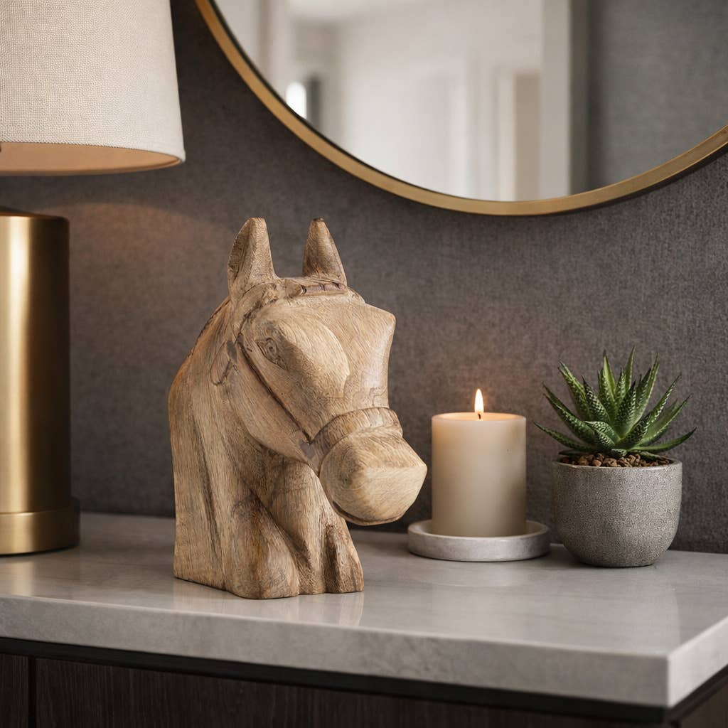Figurine - Brown Wood Modern Handcrafted Horse Head, 11 in.