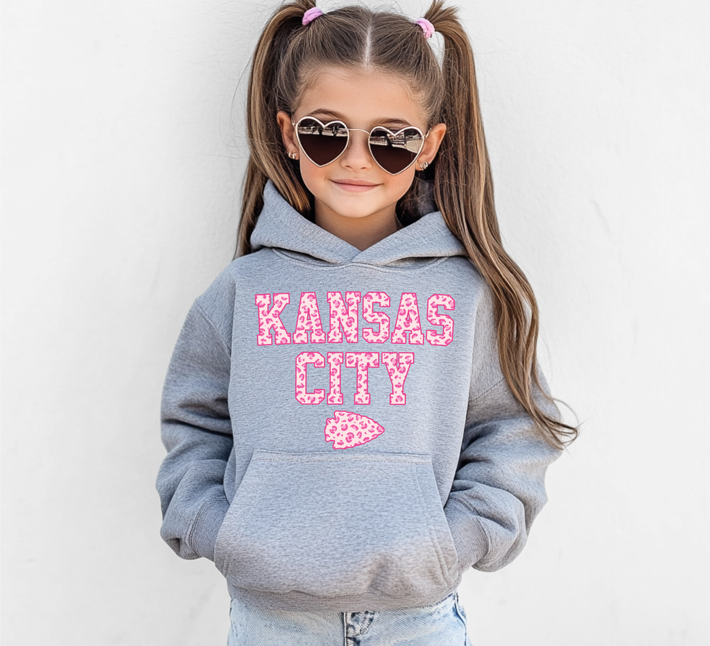 Youth Kansas City Leopard Sweatshirt/Hoodie: Safety Pink / XS / Sweatshirt