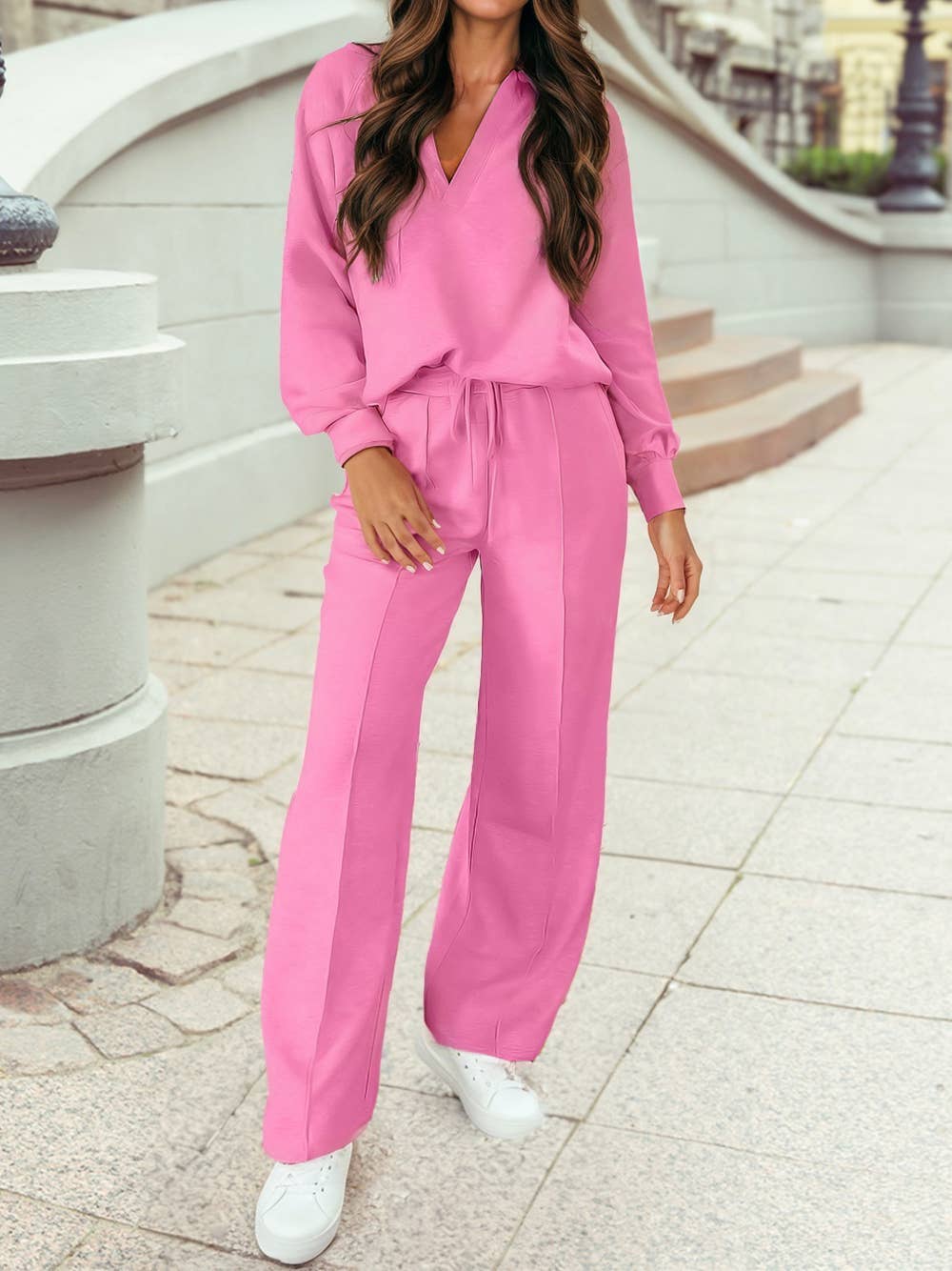 Polo Collar V Neck Pullover and Drawstring Sweatpants Set: Light Grey / L