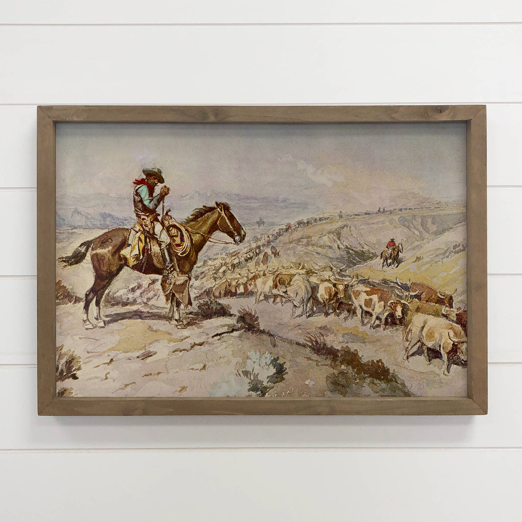 Cowboy Cattle Drive - Ranch House Canvas Art - Wood Framed: 24x36" Extra Large Canvas Art with Thick Wood Frame