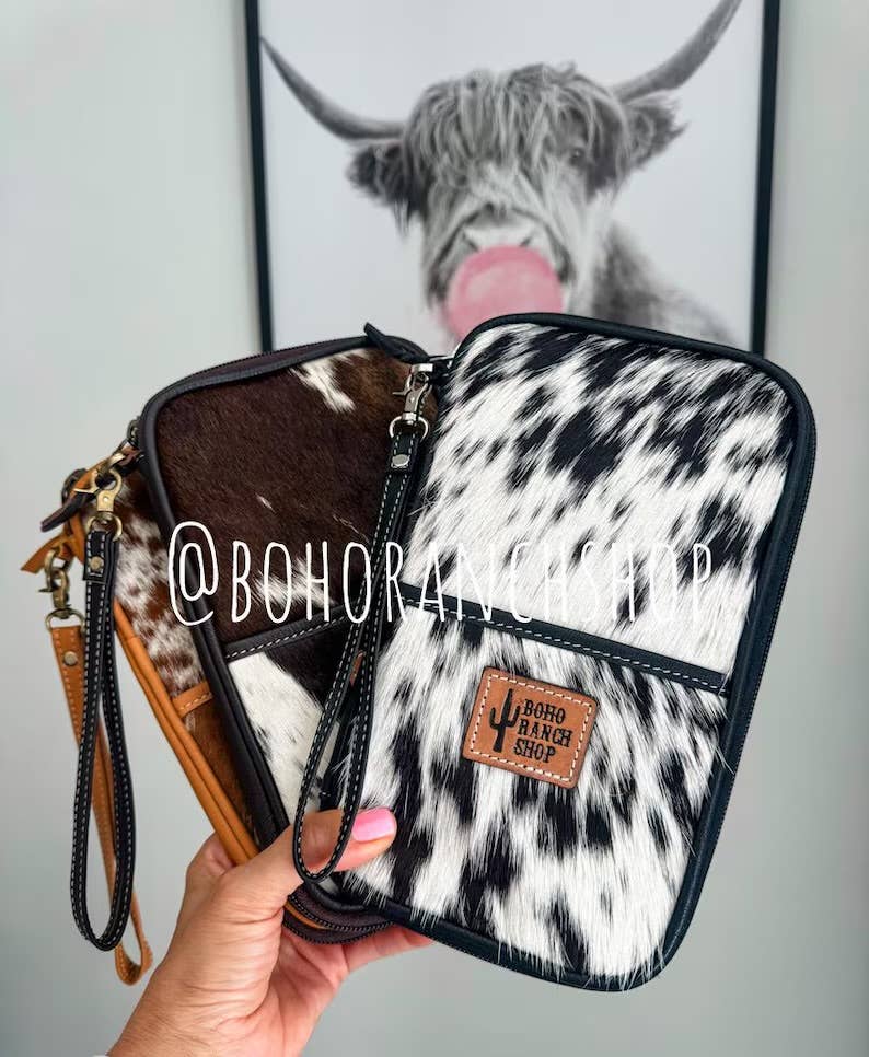 COWHIDE PASSPORT TRAVEL PASSPORT holder Genuine Cowhide: BROWN + WHITE