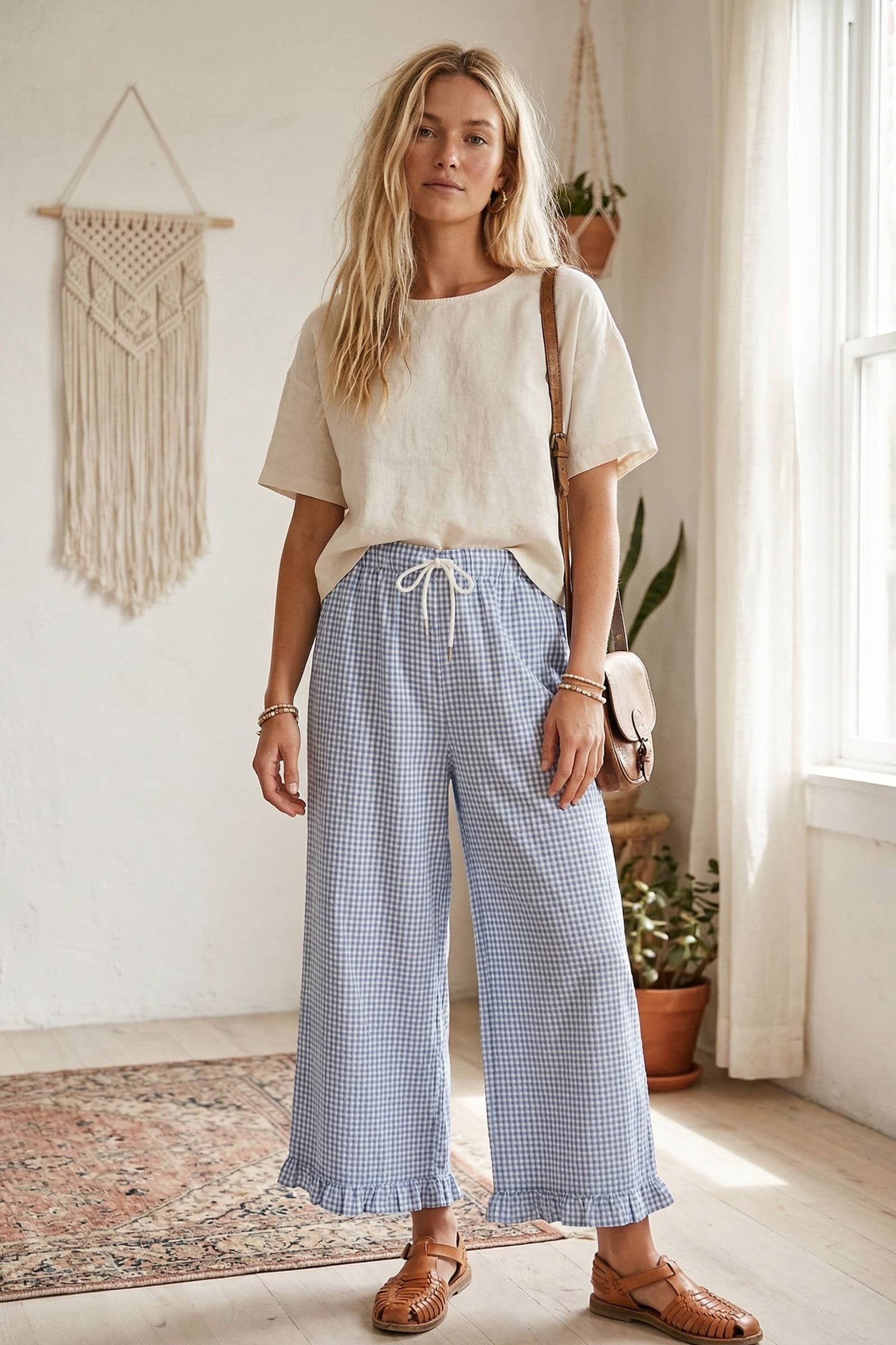 Checkered Gingham Fully Lined Pants: RED / S