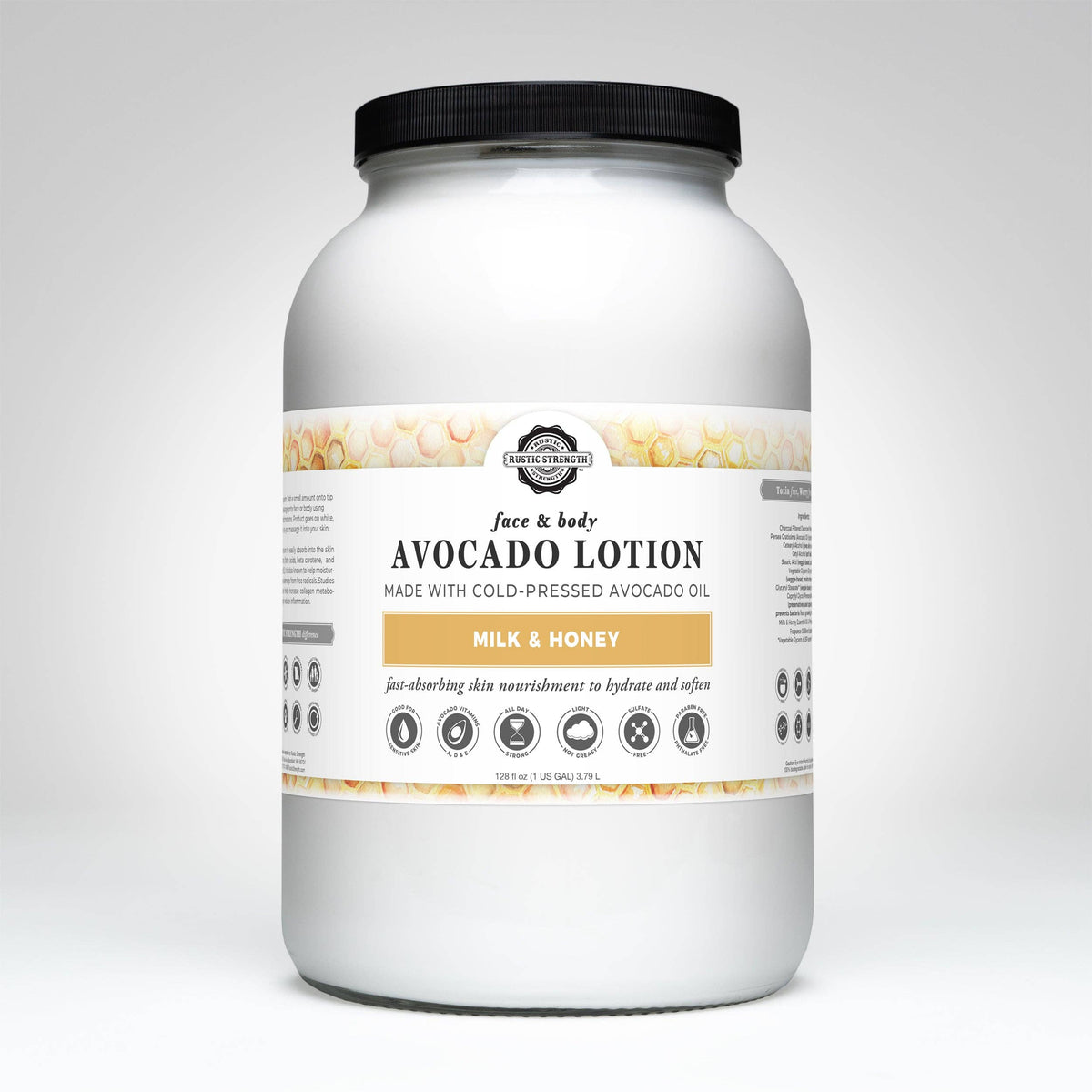 Avocado Lotion for Face & Body: Milk & Honey / 1 Gallon Glass Wide-Mouth Jar
