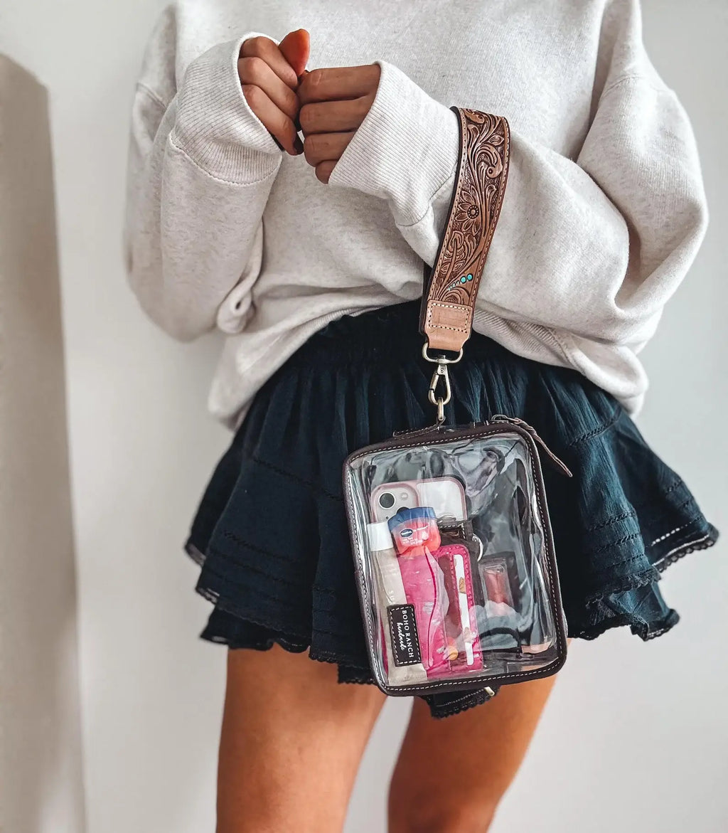 DARLA CLEAR WRISTLET | transparent western purse - game day : BROWN