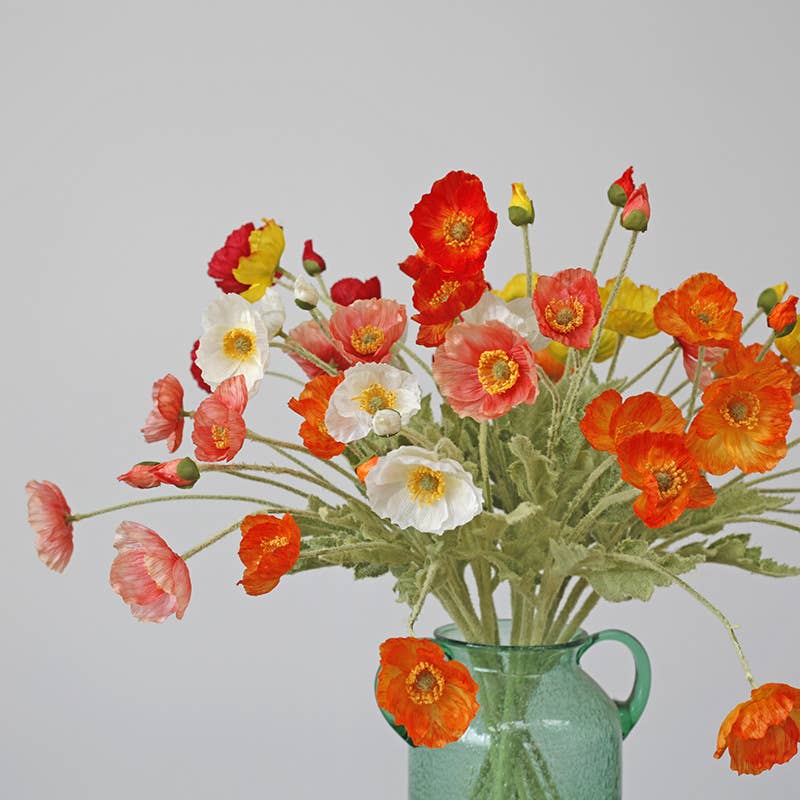 22'' Single Flocked Floral Poppy Spay, Colorful Silk Poppies: Coral Pink