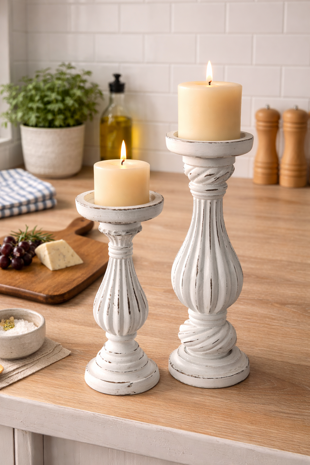 White Wash Wooden Candlesticks – 2 Piece Set