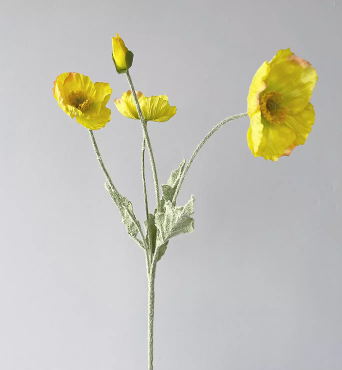 22'' Single Flocked Floral Poppy Spay, Colorful Silk Poppies: White