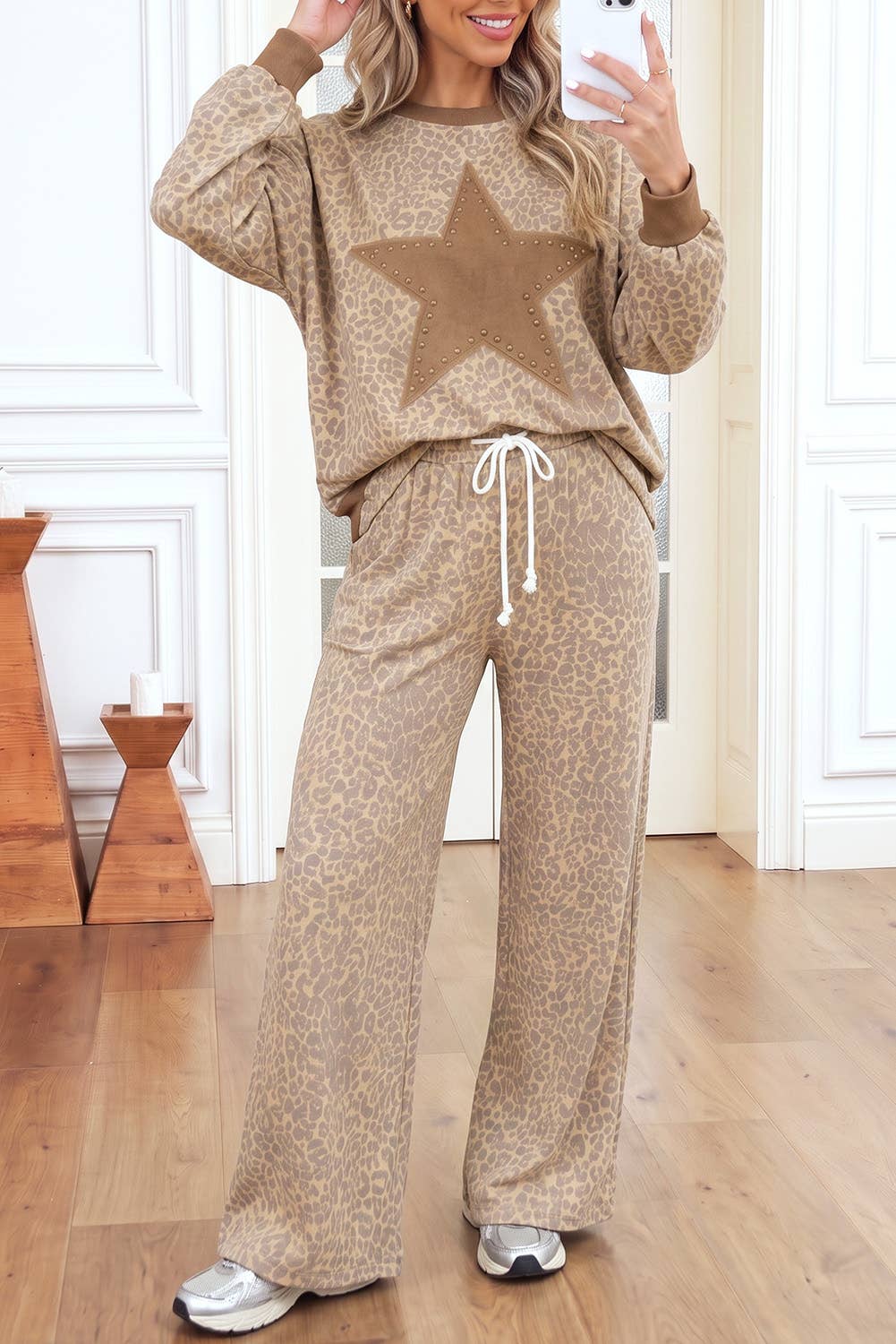 66 Plus Size Leopard Star Print Loose Pants 2pcs Set (S-4X): Khaki / S