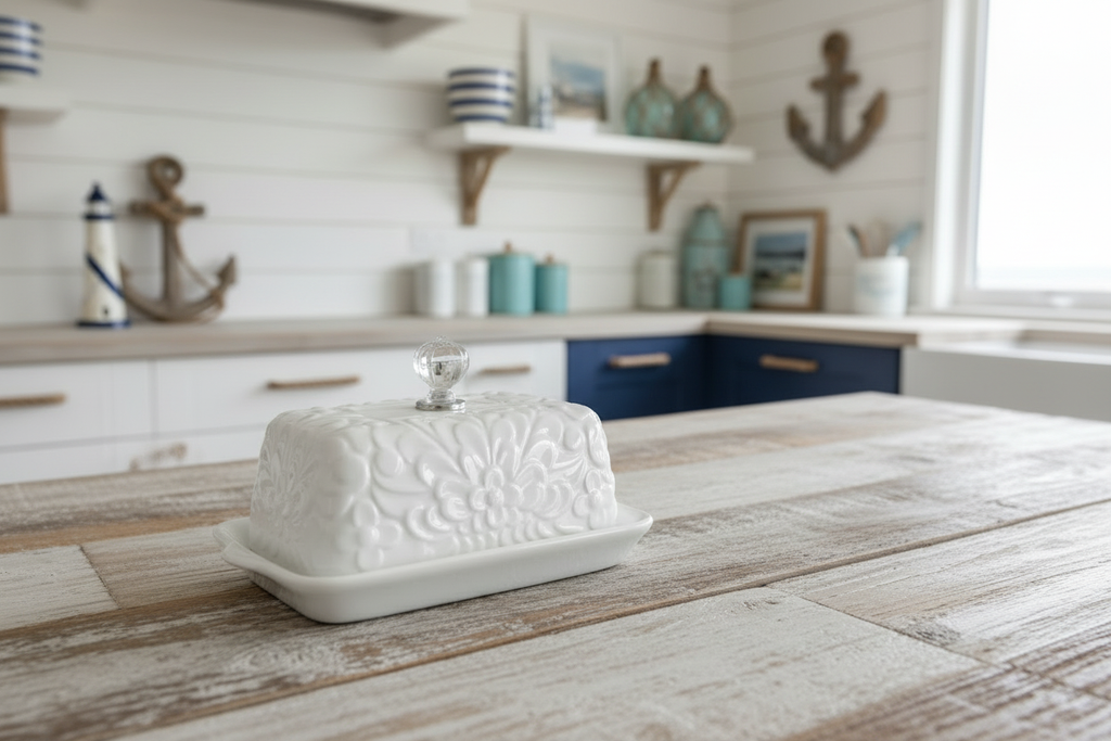 White Floral Butter Dish with Crystal Knob