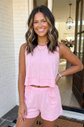 LAS Stitched Detail Loose Tank Top 2pcs Short Set (S-XL): Pink / M