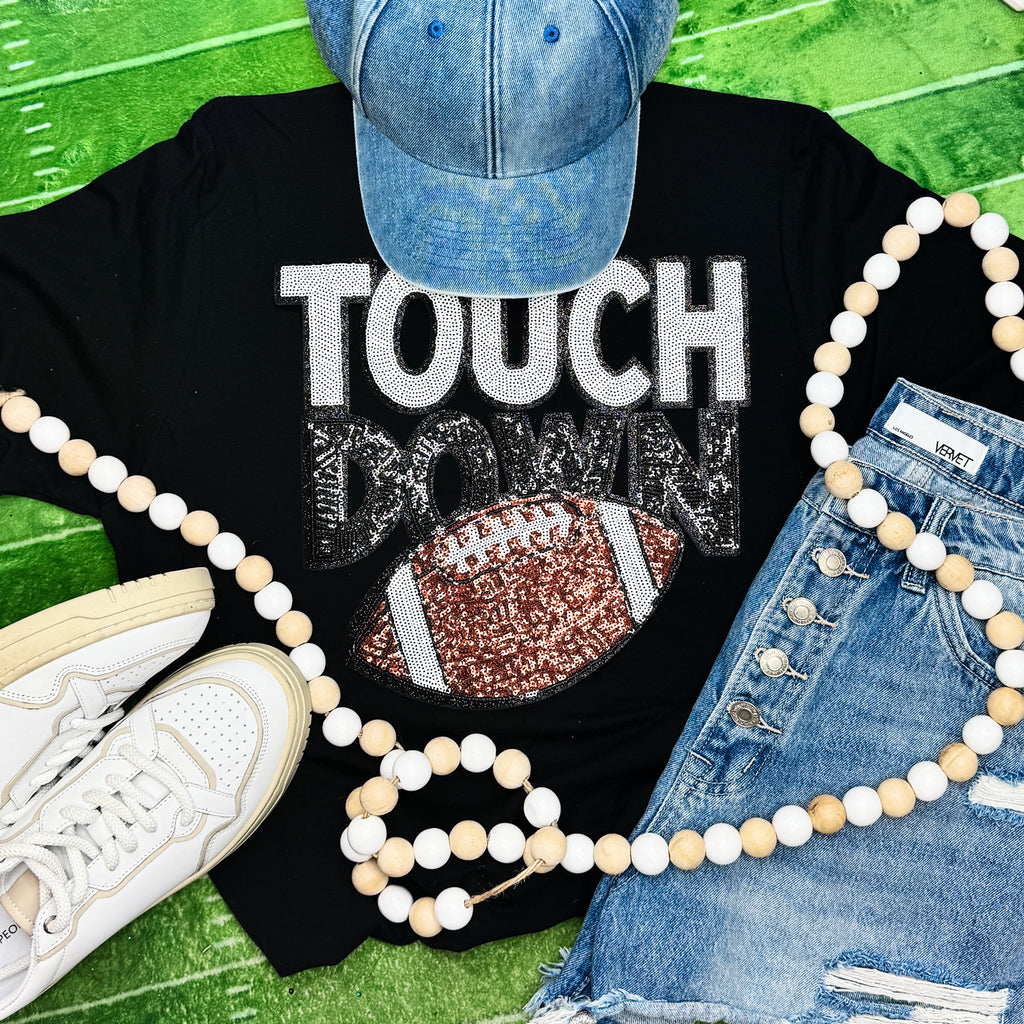 Touchdown With Football Sequin Tee: Black / L