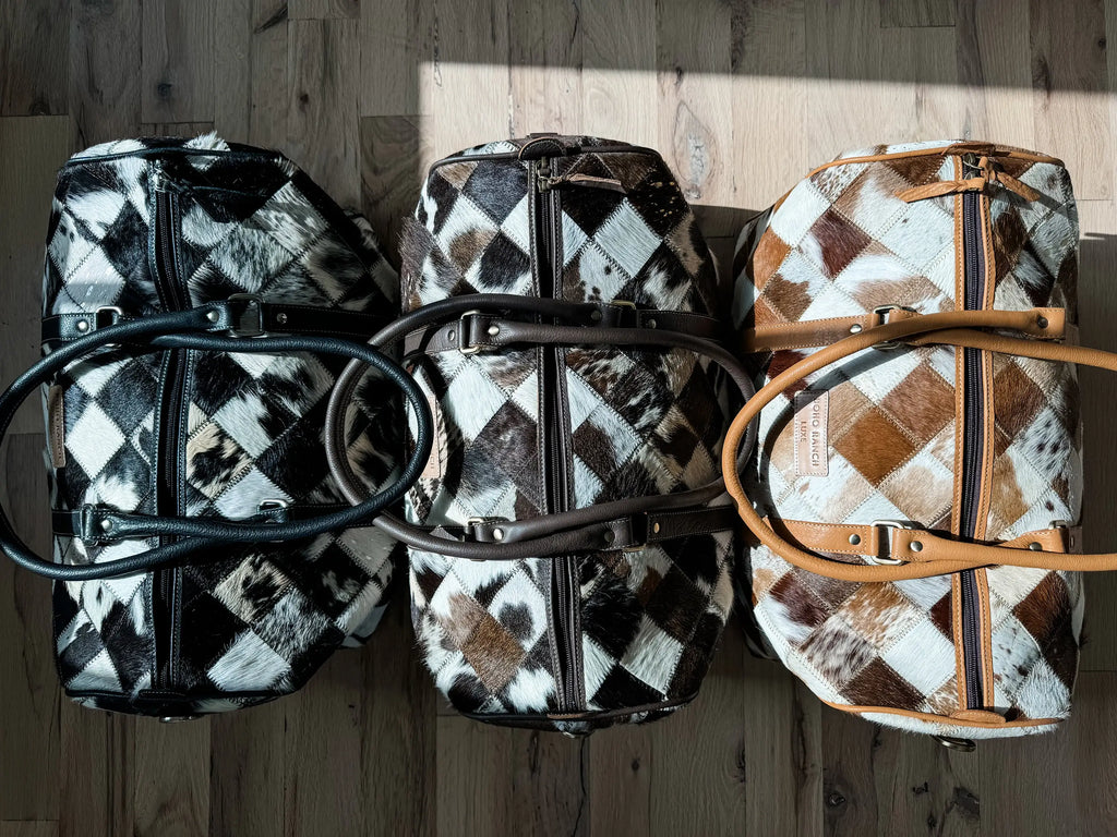 BOHO LUXE DUFFLE Weekender Leather HairOn Cowhide Travel Bag: Black +White Cowhide