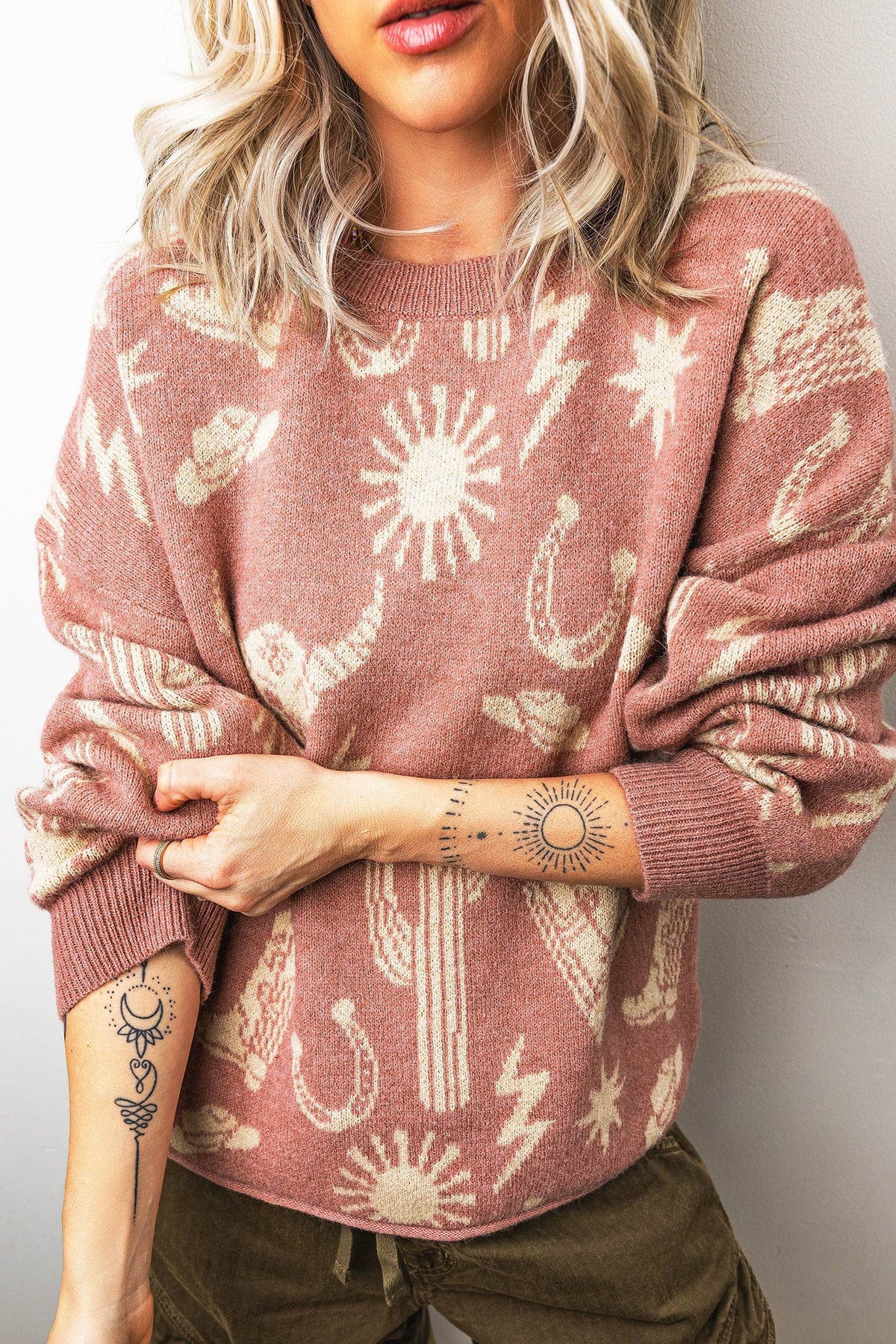 66 Blossom Western Print Drop Shoulder Sweater (S-XL): Pink / M