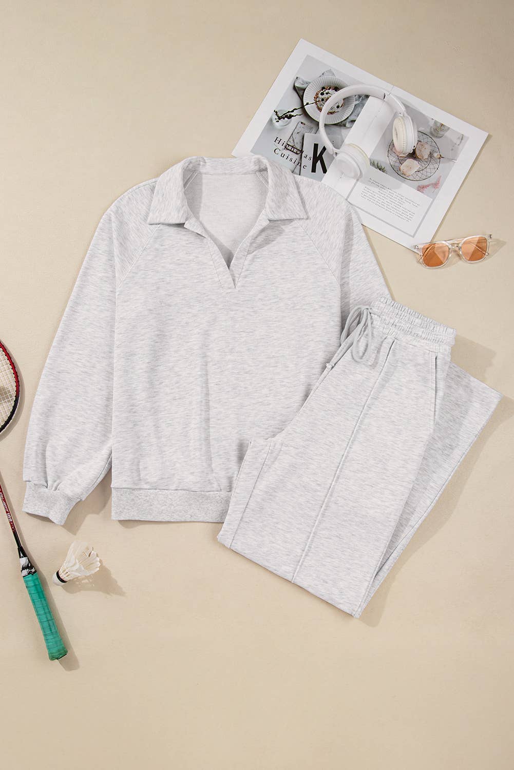 Polo Collar V Neck Pullover and Drawstring Sweatpants Set: Light Grey / S