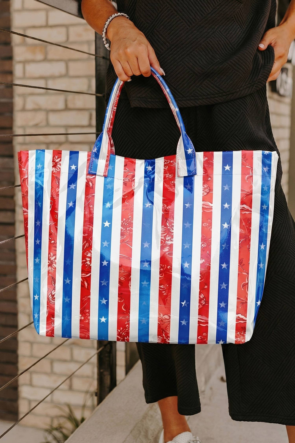 66 Patriotic Stars and Stripes Pattern Vinyl Glossy Tote Bag: Pink / One Size