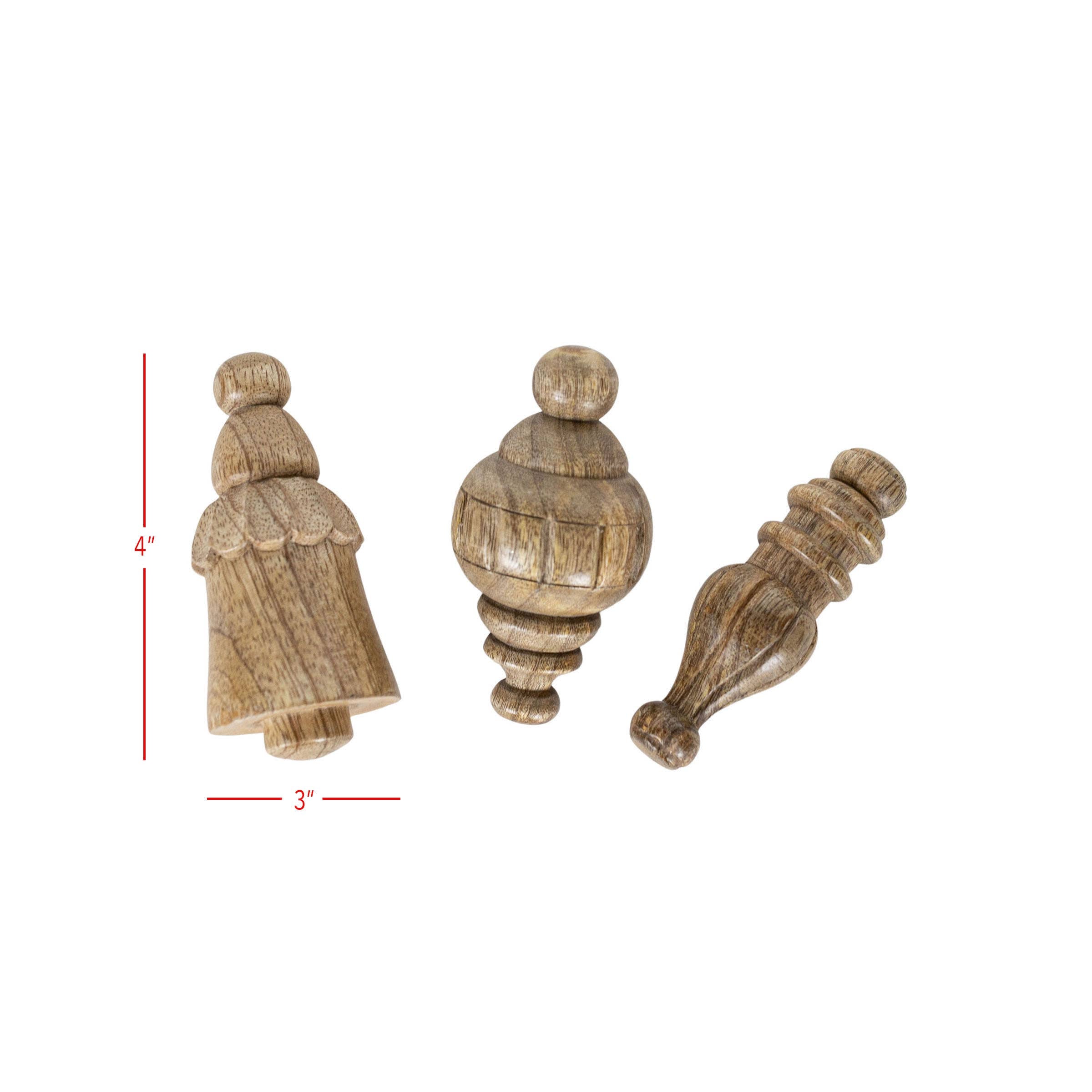 Mallory Set 3 Boho Carved Wood Baubles with Cotton Bag