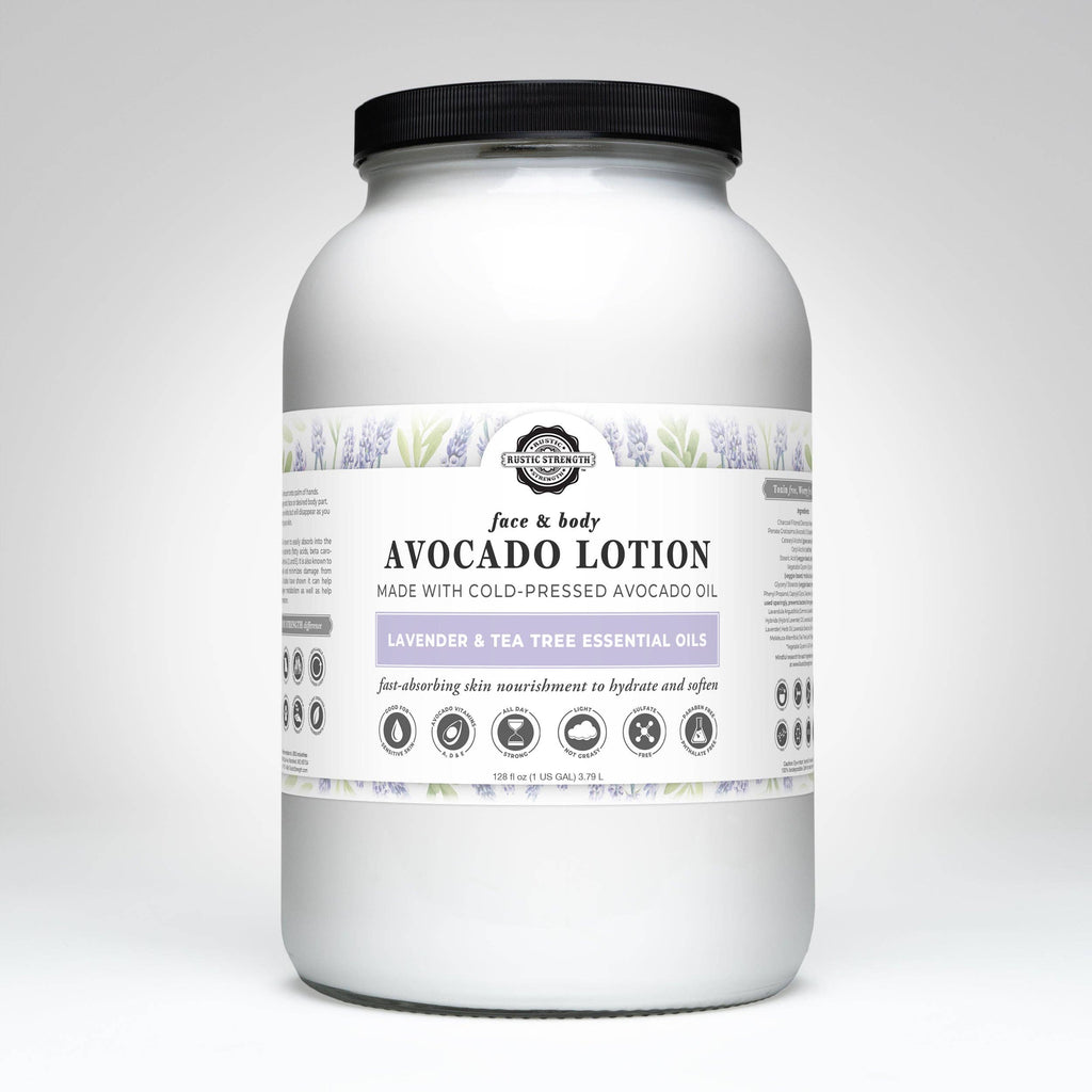 Avocado Lotion for Face & Body: Lavender & Tea Tree (essential oils) / 1 Gallon Glass Wide-Mouth Jar