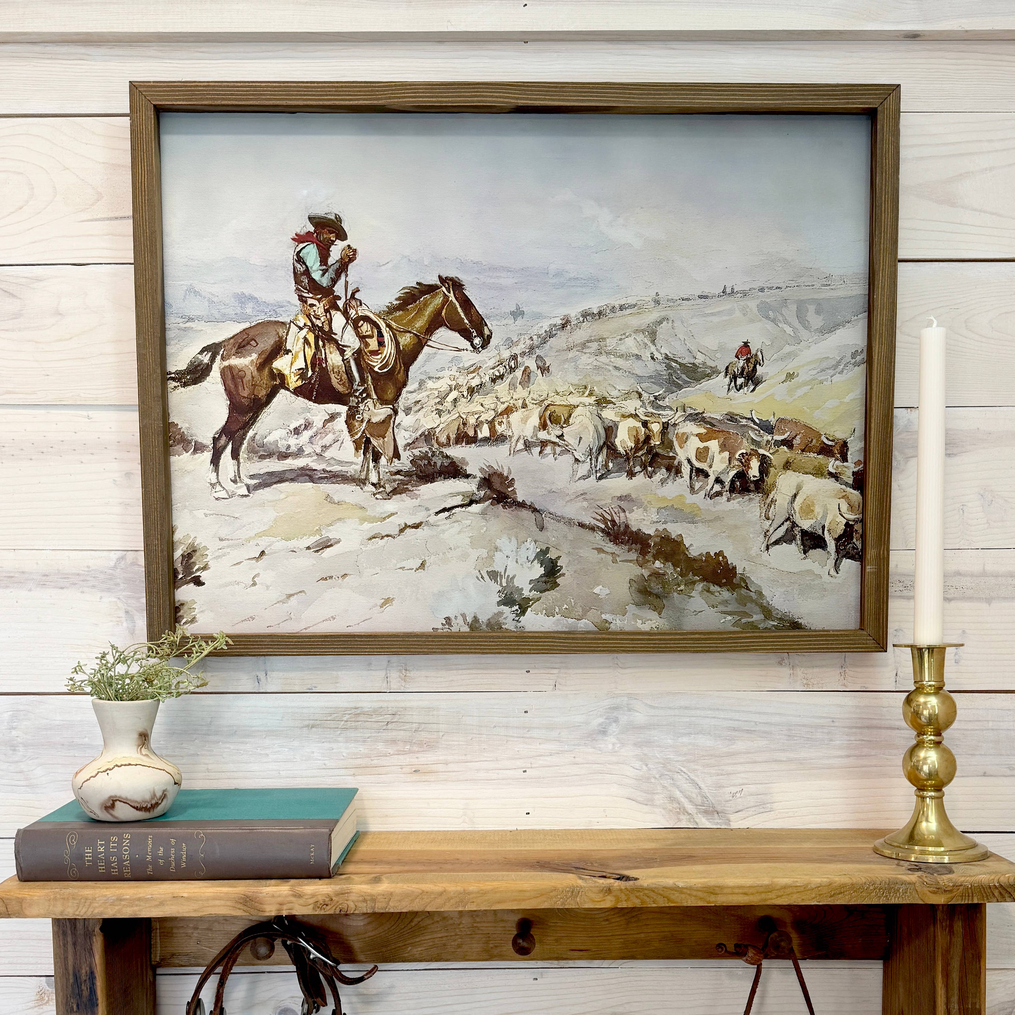 Cowboy Cattle Drive - Ranch House Canvas Art - Wood Framed: 24x36" Extra Large Canvas Art with Thick Wood Frame