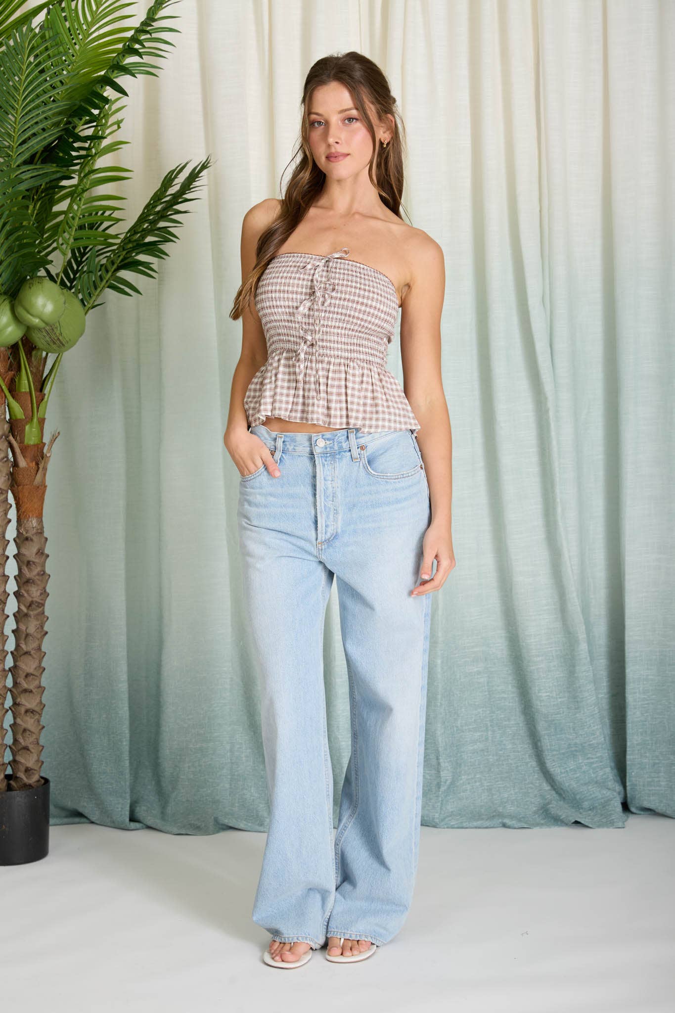 PLAID STRAPLESS FRONT TIE RUFFLE HEM TOP: LIGHT OLIVE