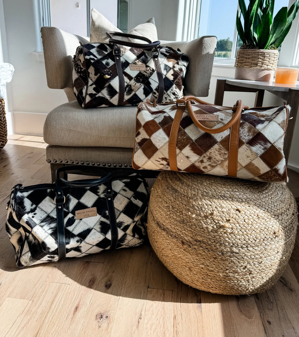 BOHO LUXE DUFFLE Weekender Leather HairOn Cowhide Travel Bag: Black +White Cowhide