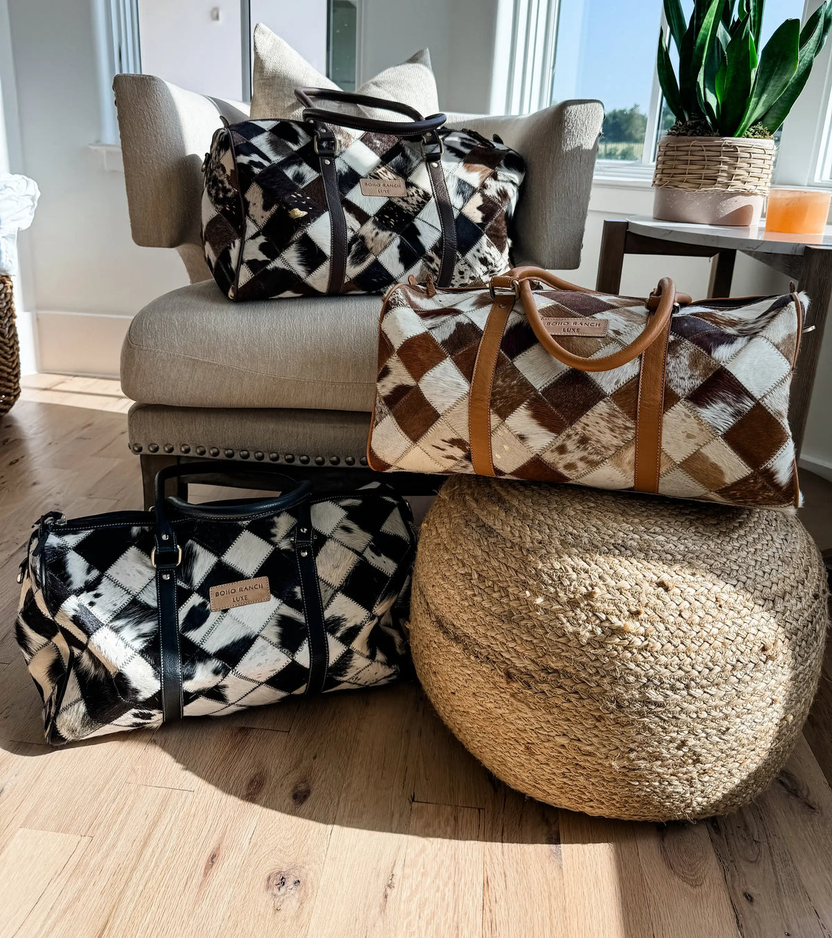 BOHO LUXE DUFFLE Weekender Leather HairOn Cowhide Travel Bag: Black +White Cowhide