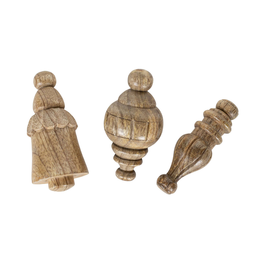 Mallory Set 3 Boho Carved Wood Baubles with Cotton Bag