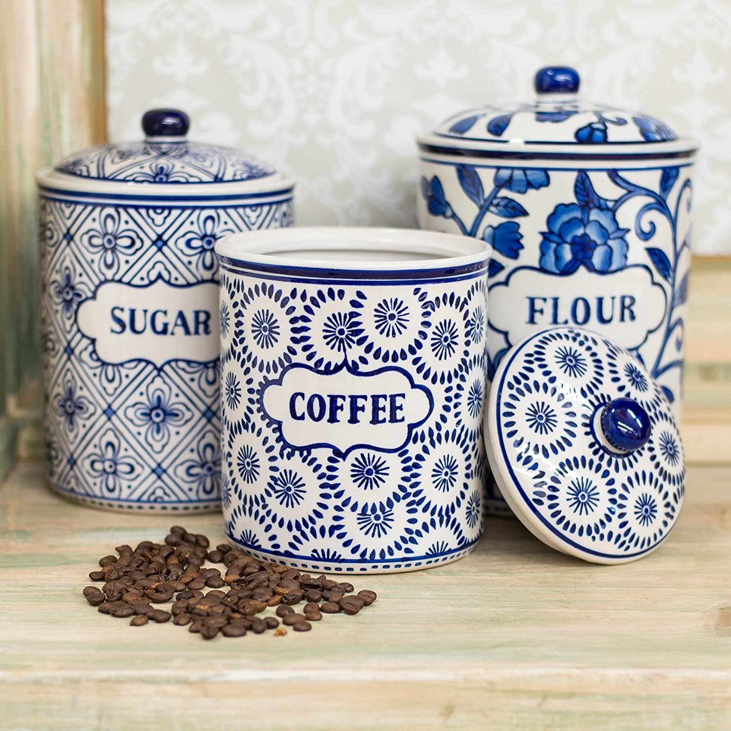 Blue & White Flour Sugar Coffee Canister Set – 3 Piece