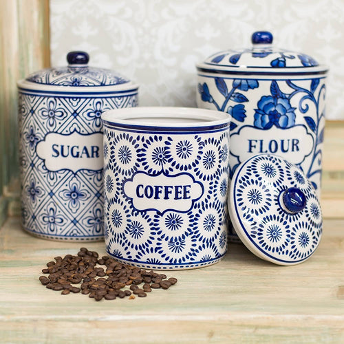 Blue & White Flour Sugar Coffee Canister Set – 3 Piece