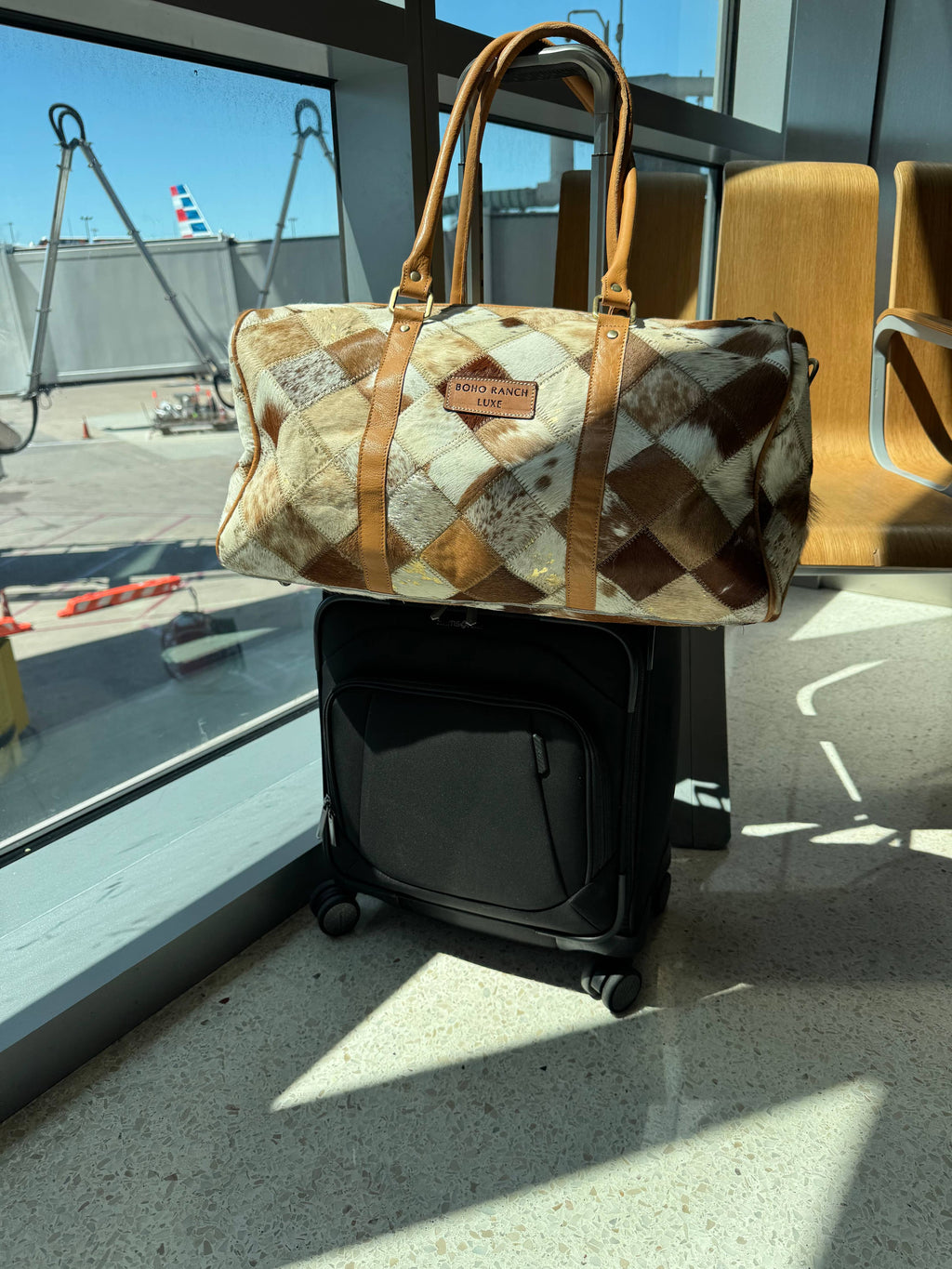 BOHO LUXE DUFFLE Weekender Leather HairOn Cowhide Travel Bag: Black +White Cowhide